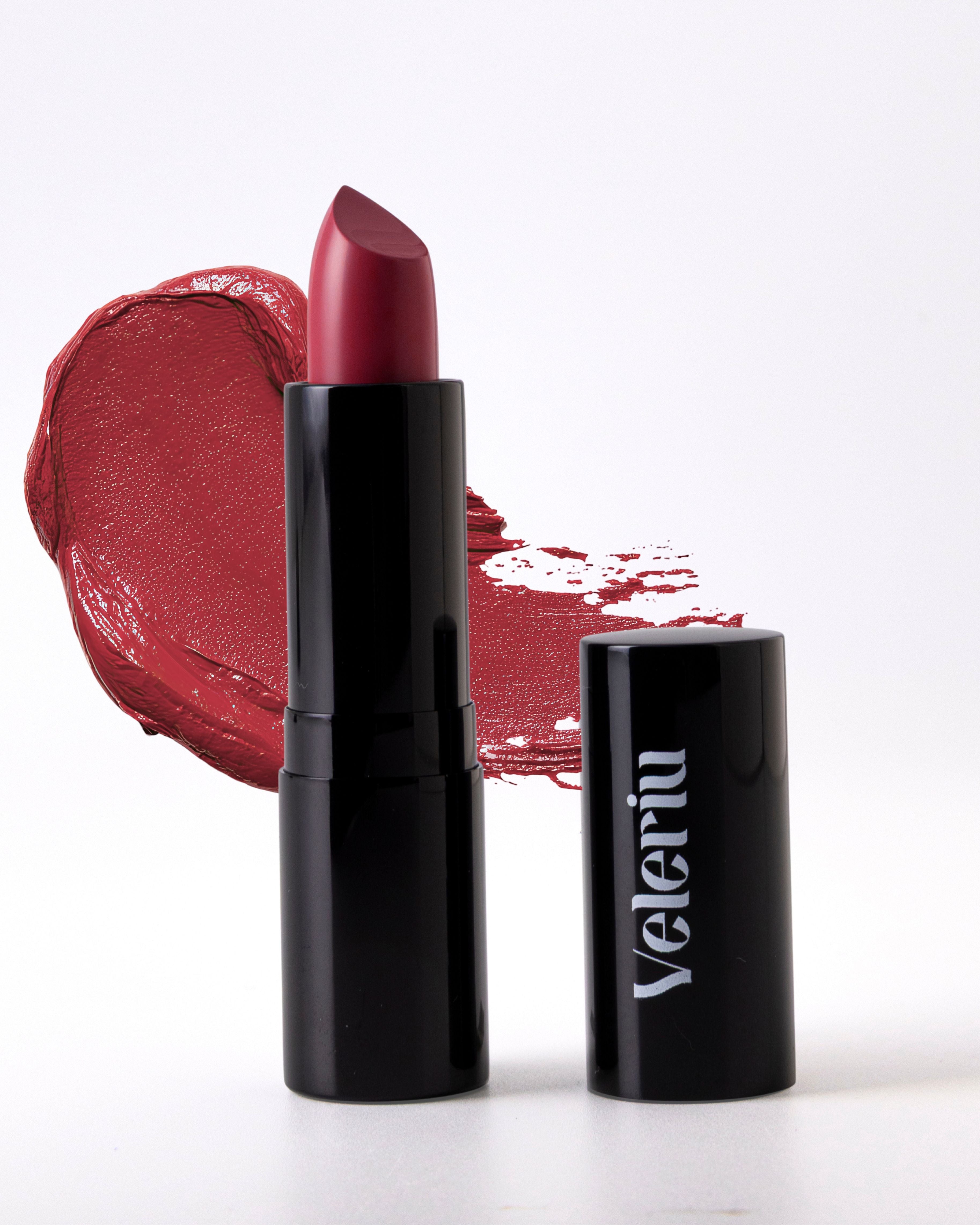 Cool-toned berry red ruby lipstick with blue undertone