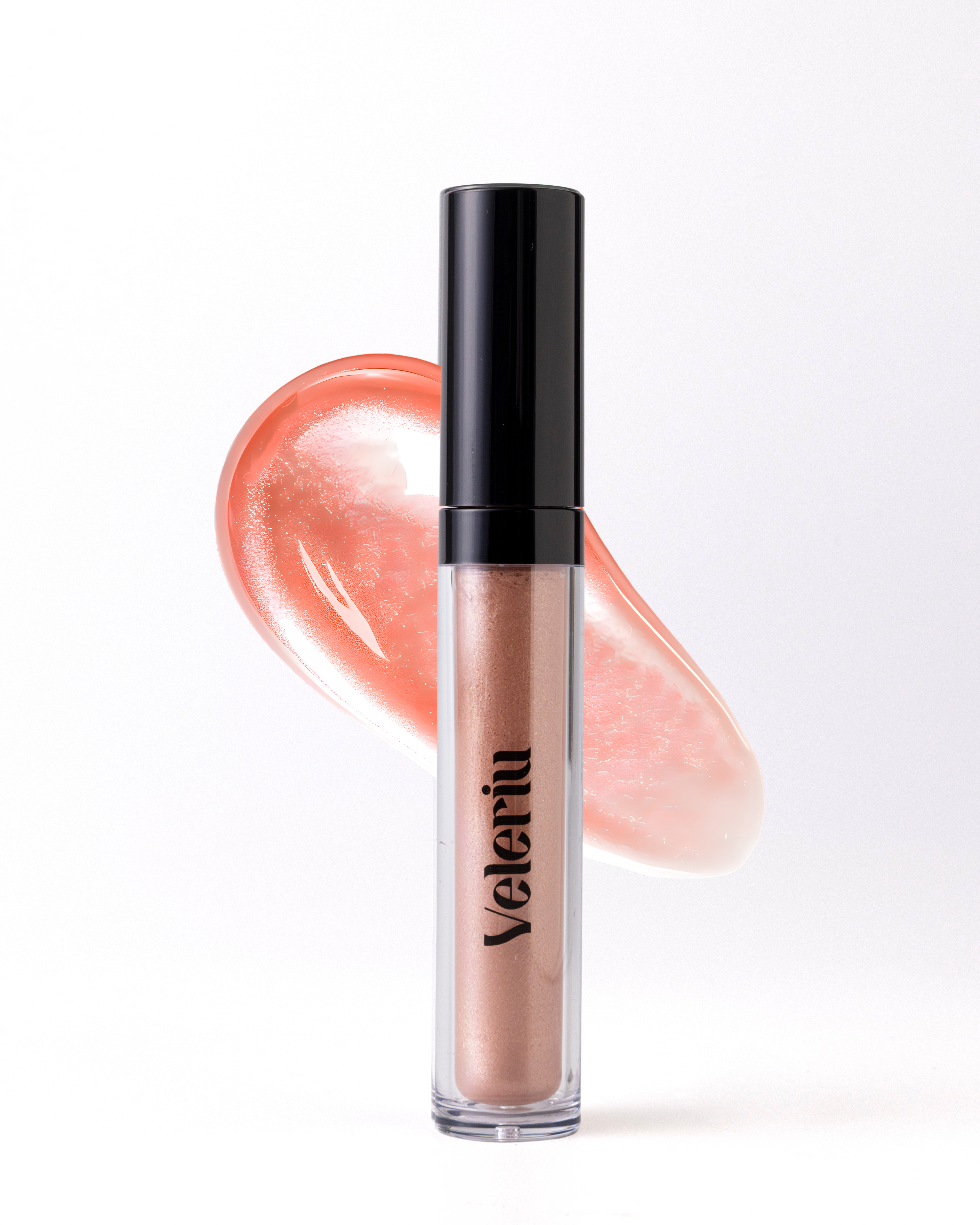 Translucent beige nude plumping gloss Cloud 9 on lips, featuring a neutral undertone and high-reflectivity shine.