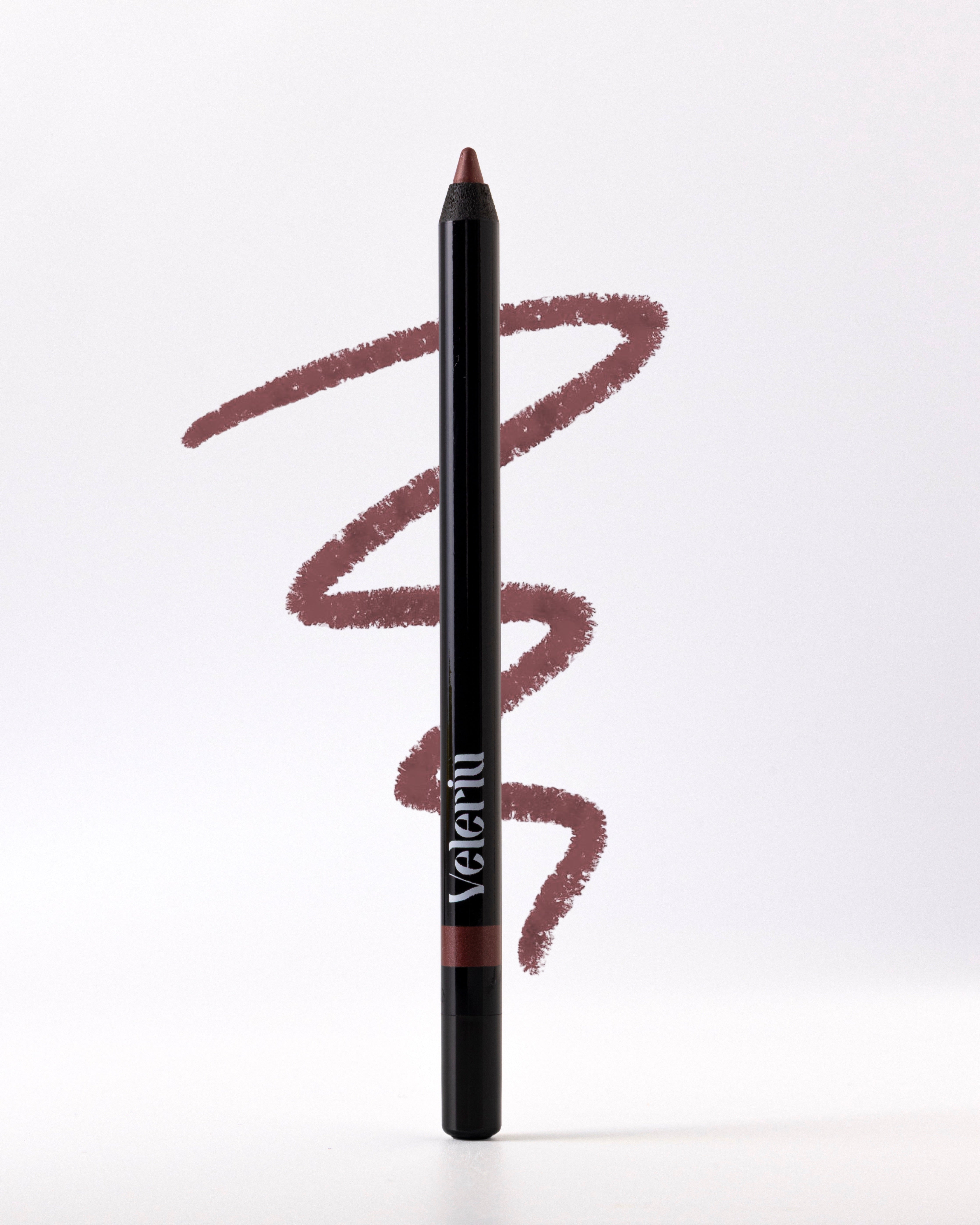 Long-wear gel lip pencil in Cinnamon, a warm terracotta brown matte finish.